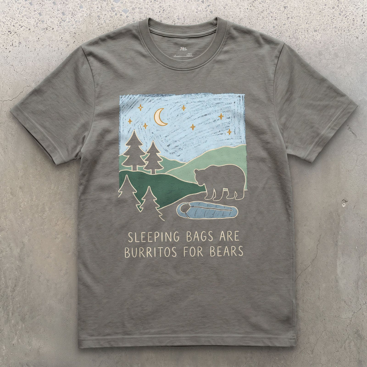 Sleeping Bags Are Burritos for Bears design on a Charcoal Gildan Softstyle t-shirt