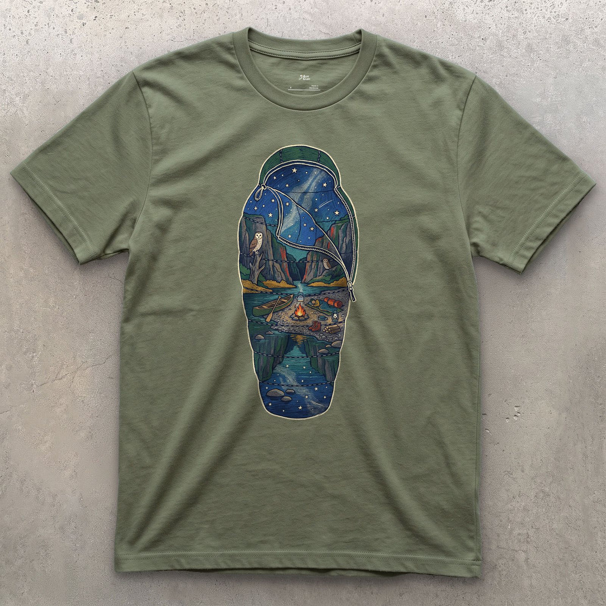 Sleeping Out Under the Stars design on a Military Green Gildan Softstyle t-shirt