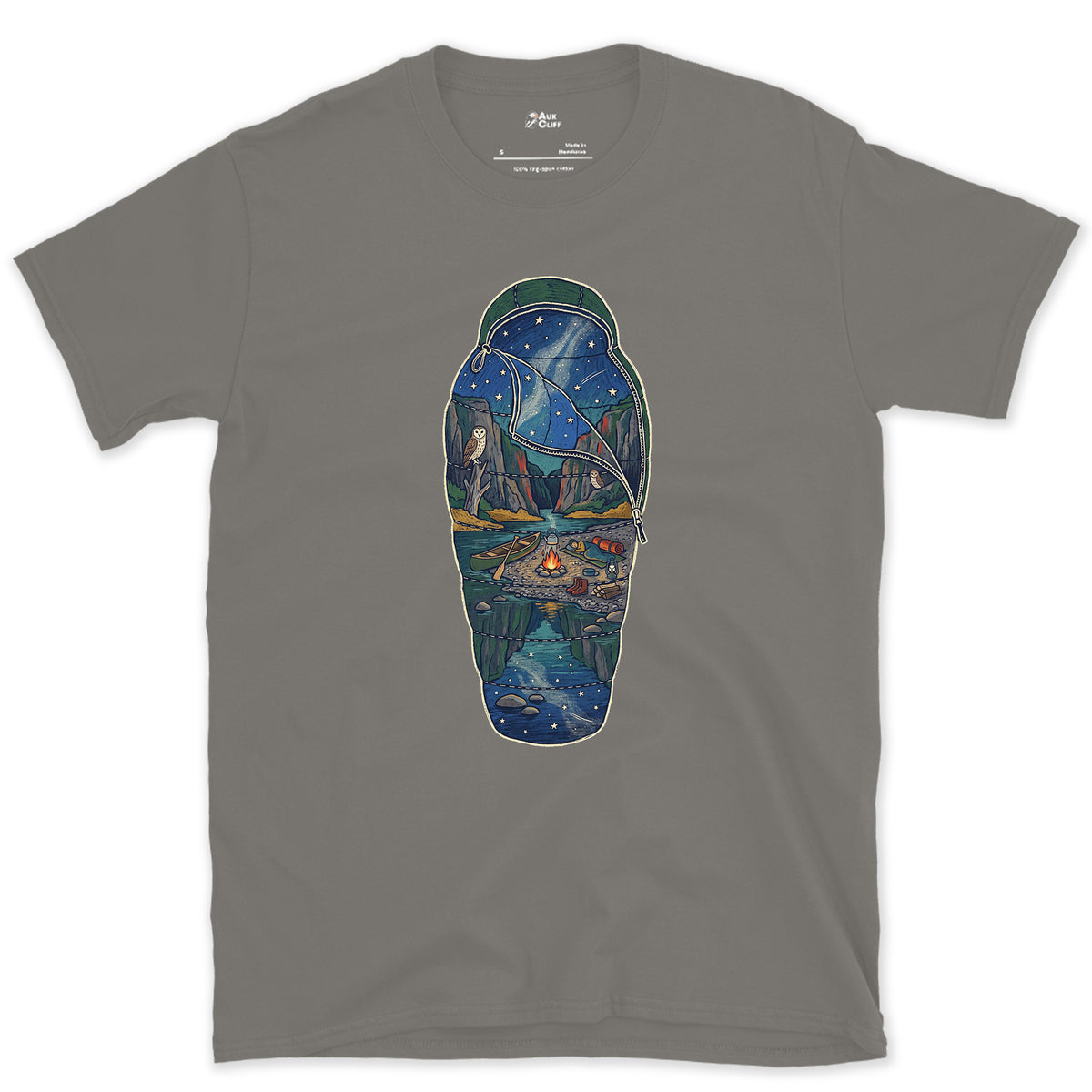 Sleeping Out Under the Stars design on a Charcoal Gildan Softstyle t-shirt