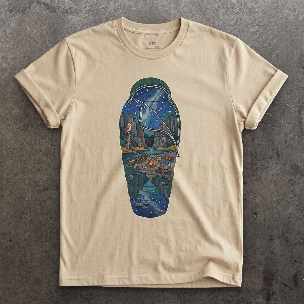 Sleeping Out Under the Stars design on a Sand Gildan Softstyle t-shirt
