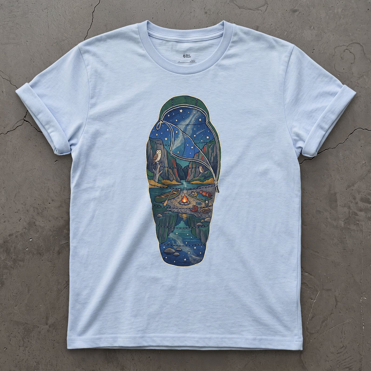 Sleeping Out Under the Stars design on a Light Blue Gildan Softstyle t-shirt