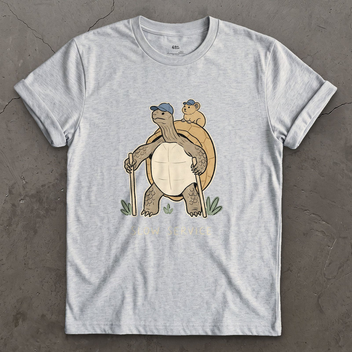 Slow Service, Tortoise Hiker and Pika design on a Sport Grey Gildan Softstyle t-shirt