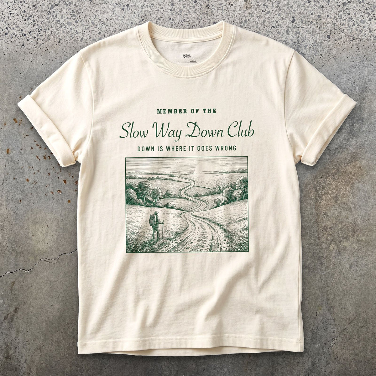 Down the Trail Is Where It Goes Wrong, Slow Way Down Club design on a Natural Gildan Softstyle t-shirt
