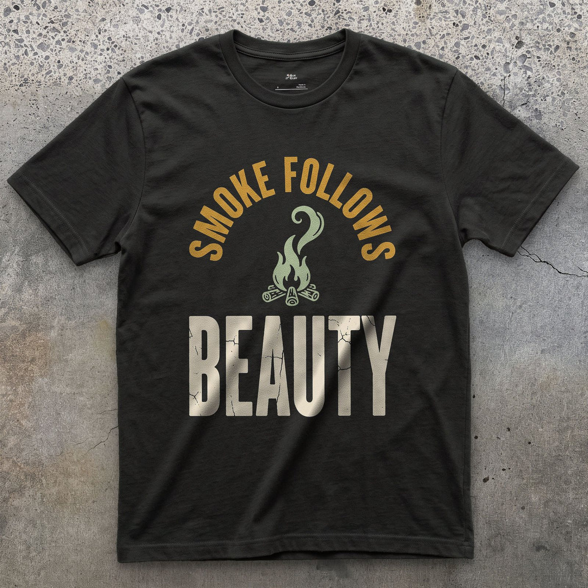 Smoke Follows Beauty, Rising Smoke Badge design on a Black Gildan Softstyle t-shirt