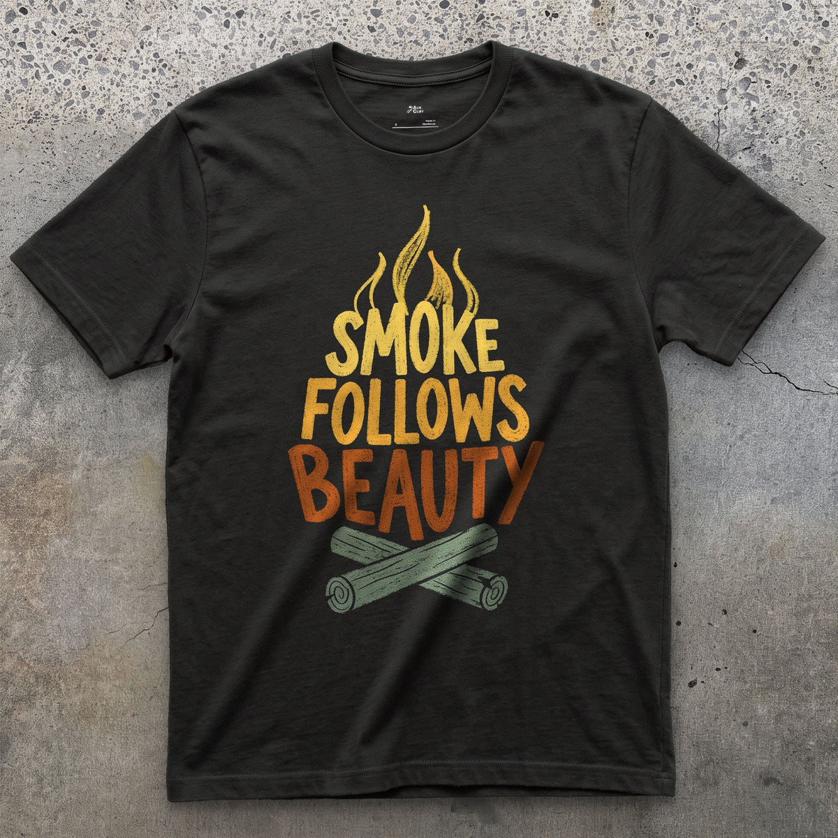 Smoke Follows Beauty, Camp Fire design on a Black Gildan Softstyle t-shirt