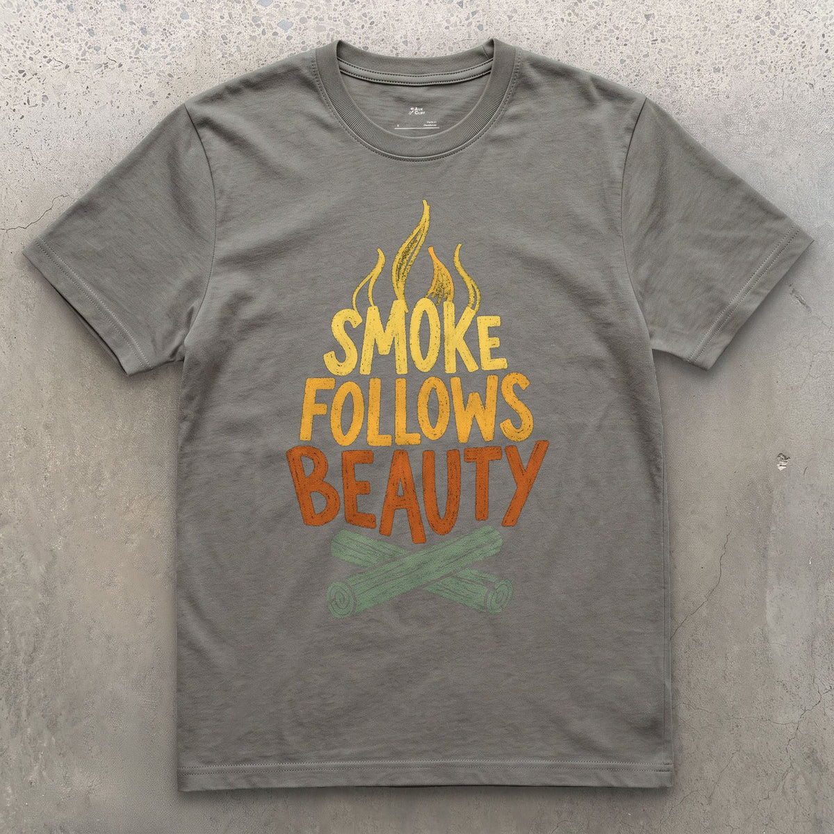 Smoke Follows Beauty, Camp Fire design on a Charcoal Gildan Softstyle t-shirt