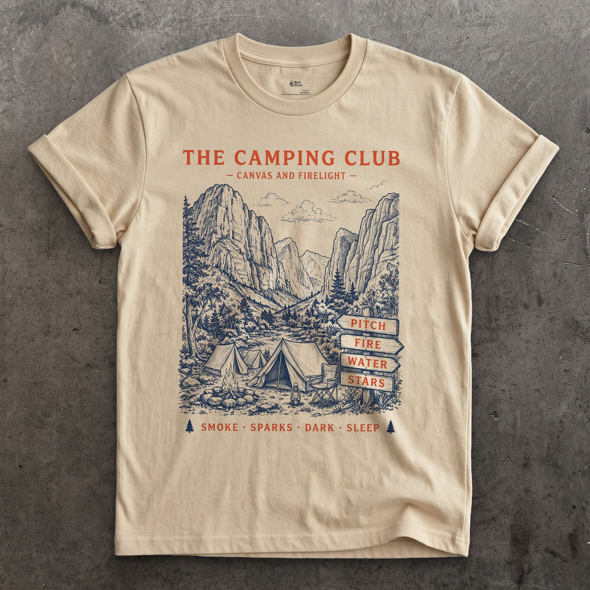 Pitch, Fire, Water and Stars, Firelit Tent design on a Sand Gildan Softstyle t-shirt