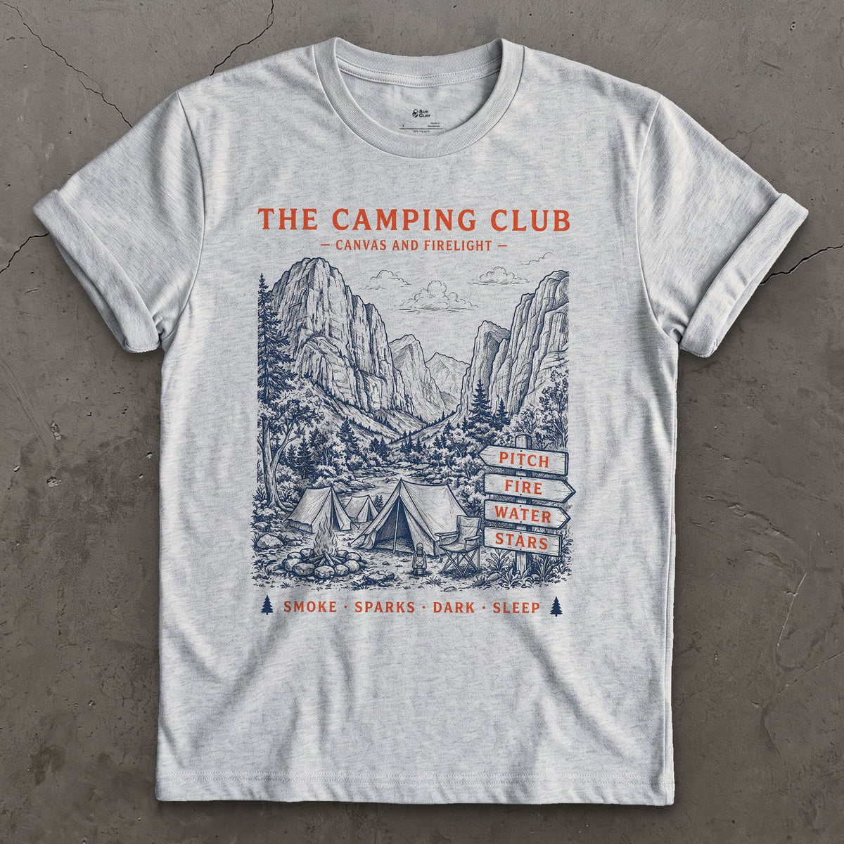 Pitch, Fire, Water and Stars, Firelit Tent design on a Sport Grey Gildan Softstyle t-shirt