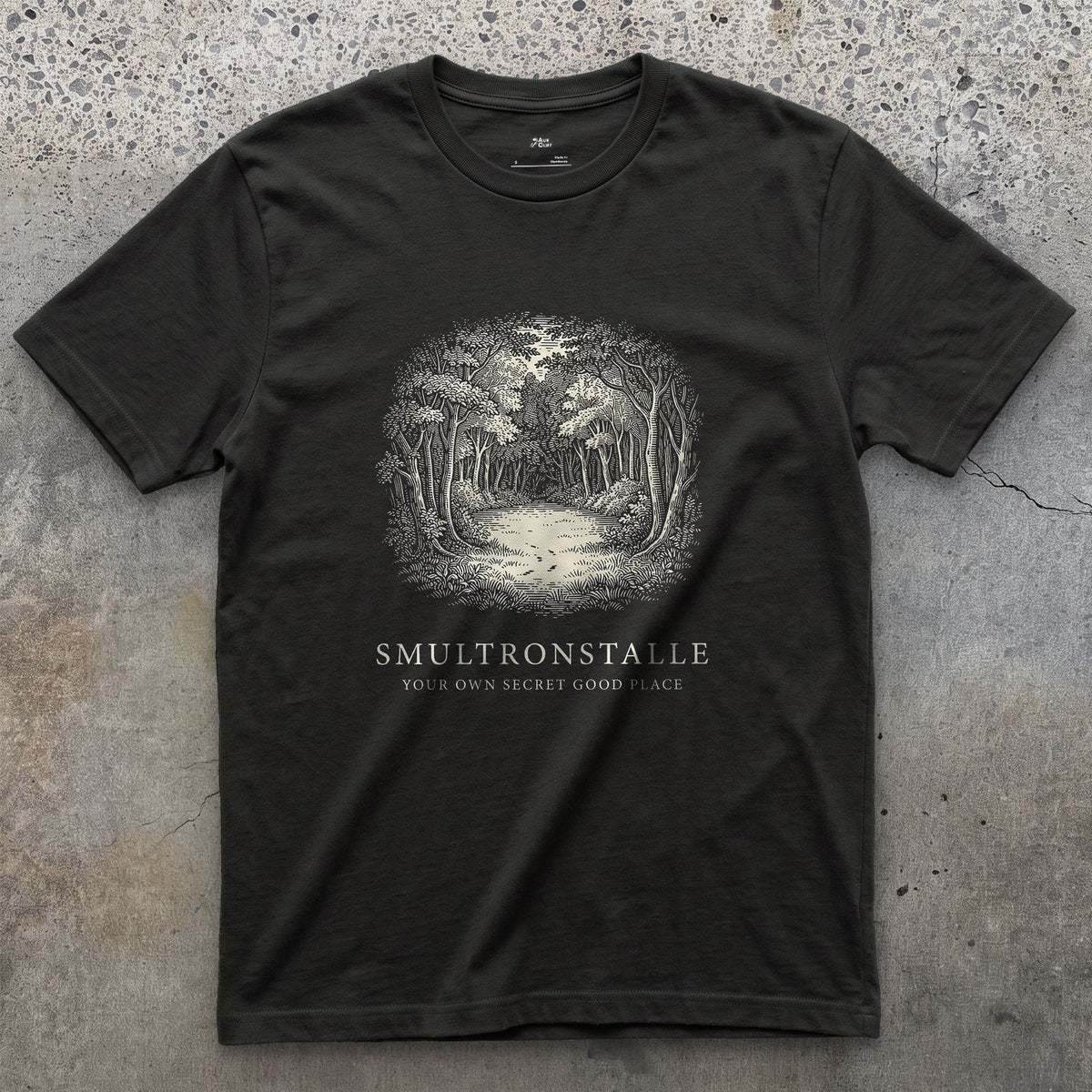 Smultronstalle, Your Own Secret Good Place design on a Black Gildan Softstyle t-shirt