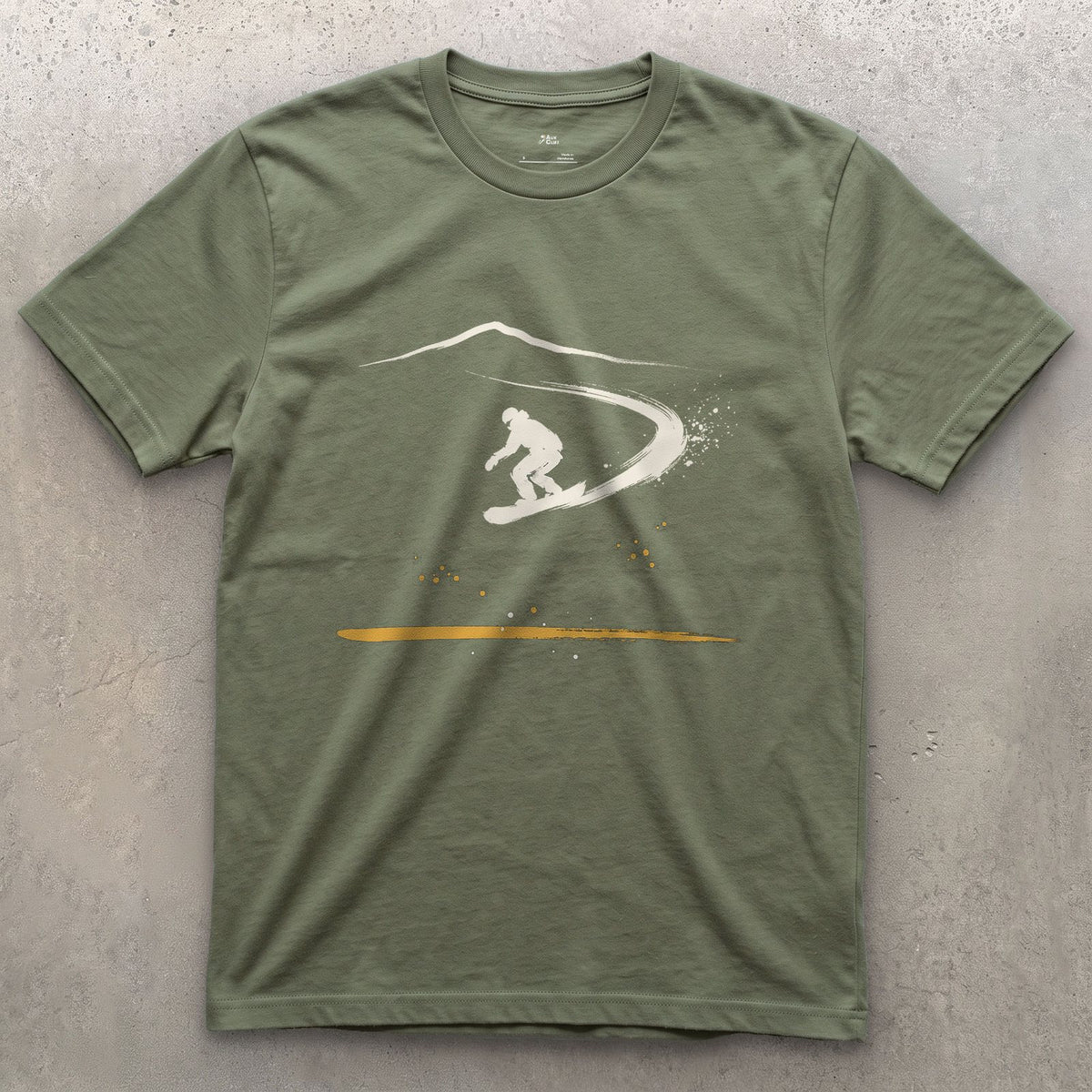 Snowboard Carve design on a Military Green Gildan Softstyle t-shirt