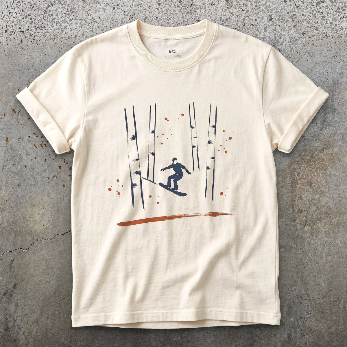 Birch Forest Snowboard design on a Natural Gildan Softstyle t-shirt