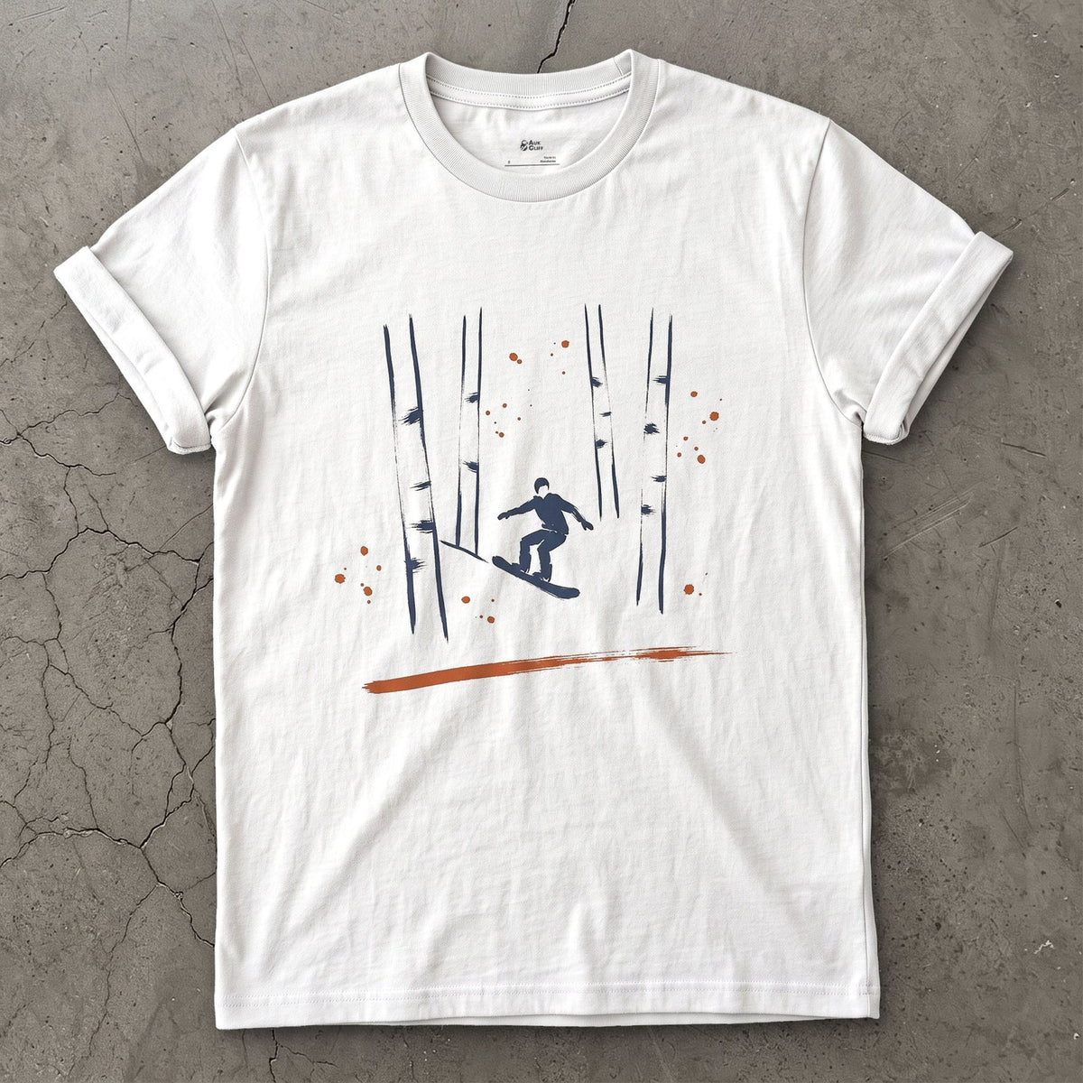 Birch Forest Snowboard design on a White Gildan Softstyle t-shirt