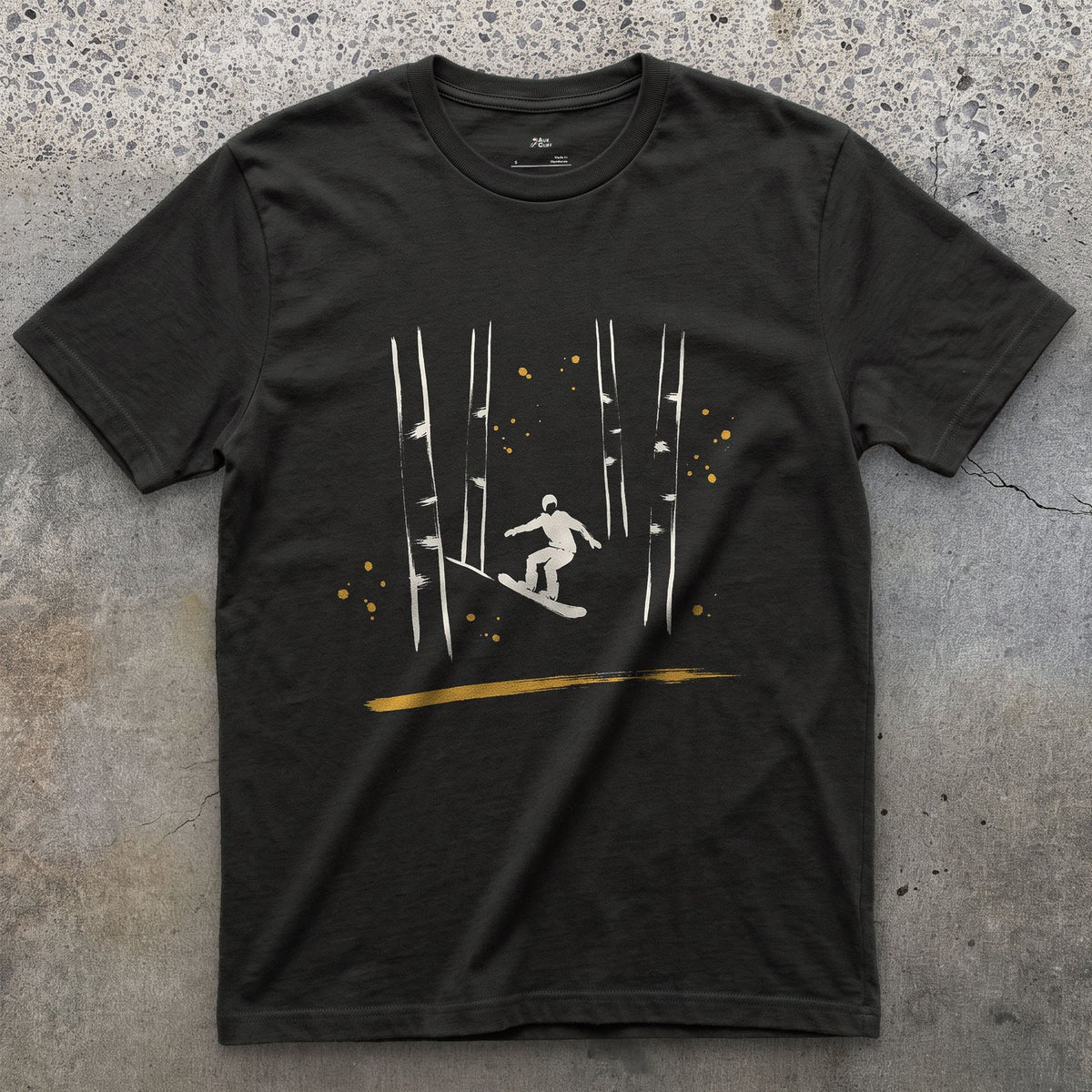 Birch Forest Snowboard design on a Black Gildan Softstyle t-shirt