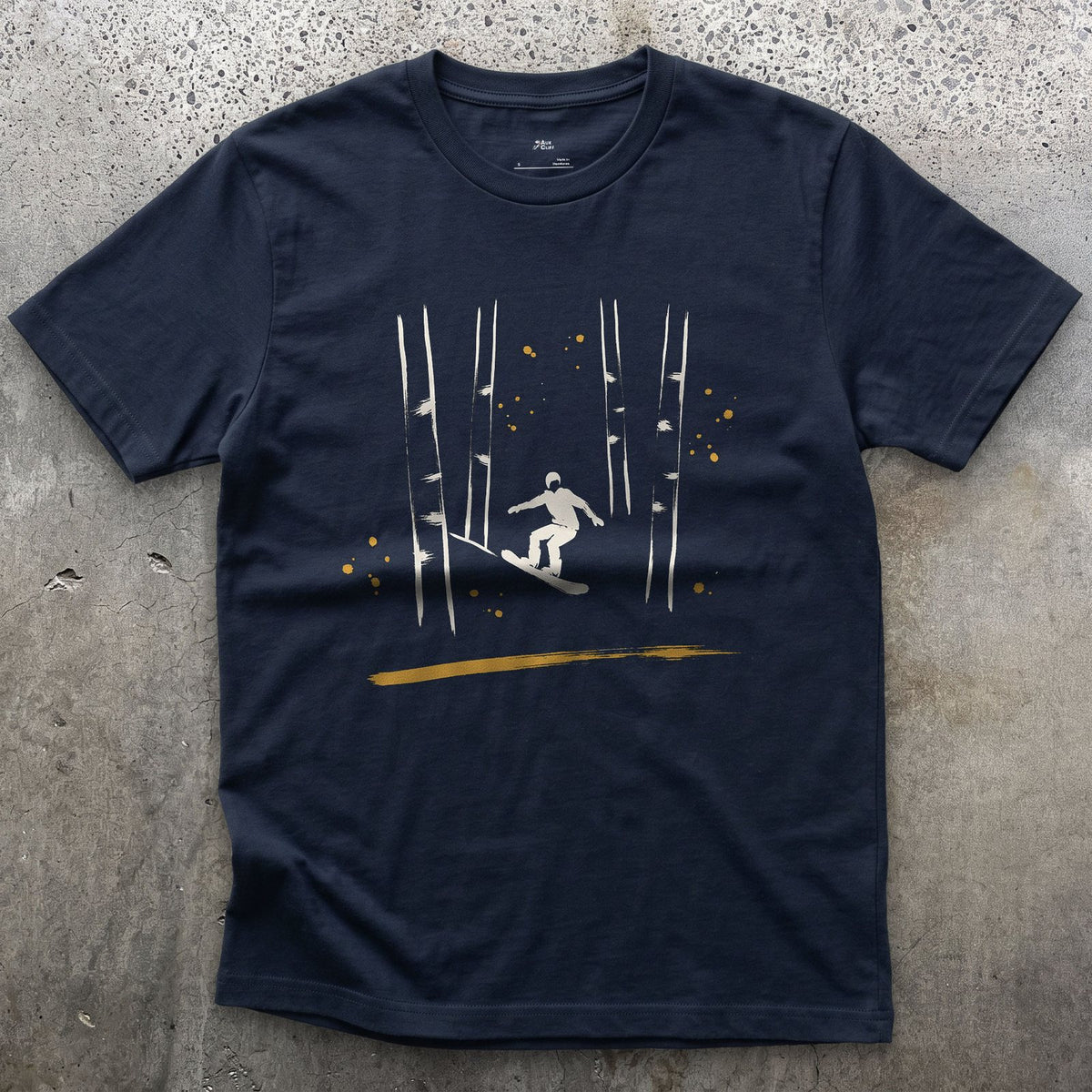 Birch Forest Snowboard design on a Navy Gildan Softstyle t-shirt