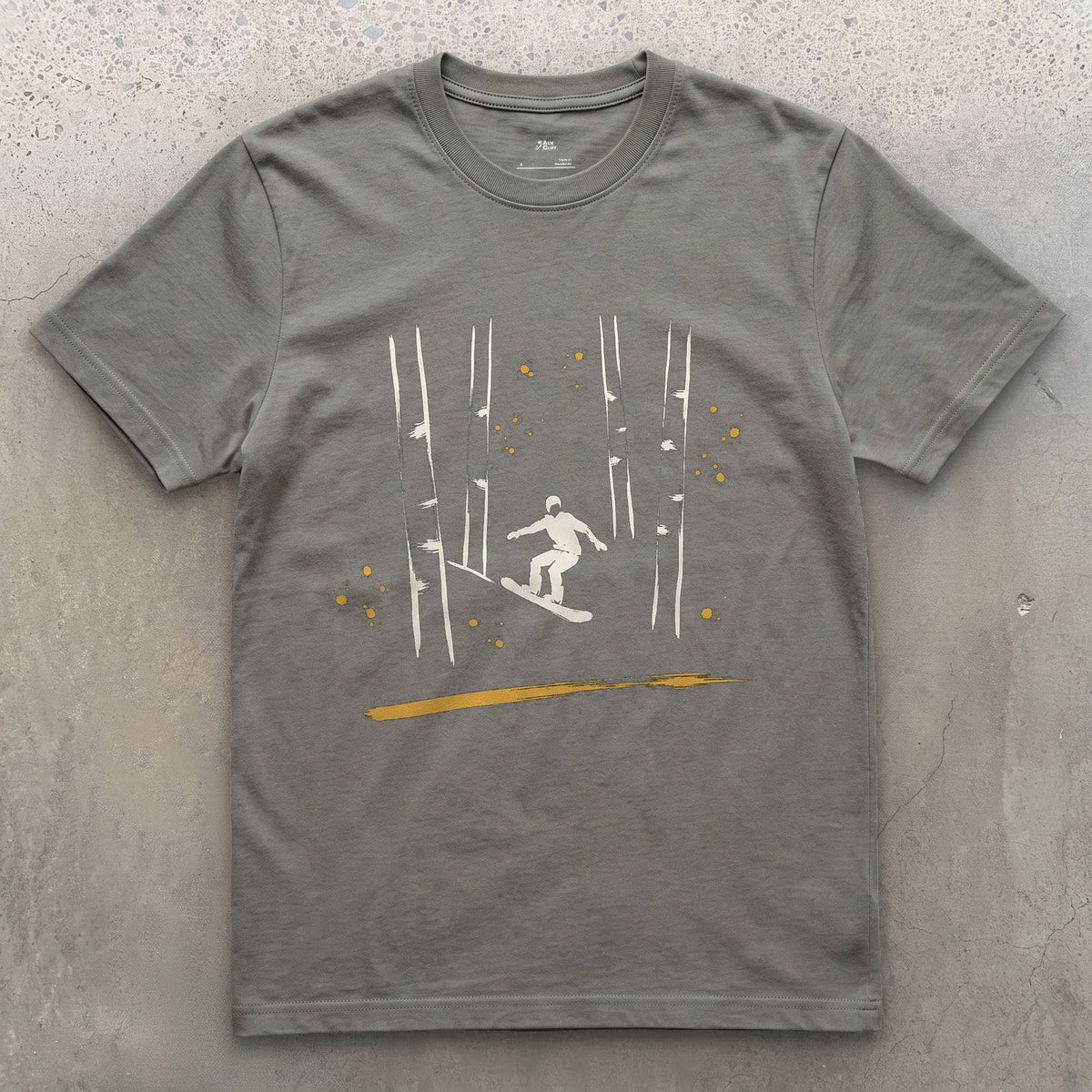 Birch Forest Snowboard design on a Charcoal Gildan Softstyle t-shirt