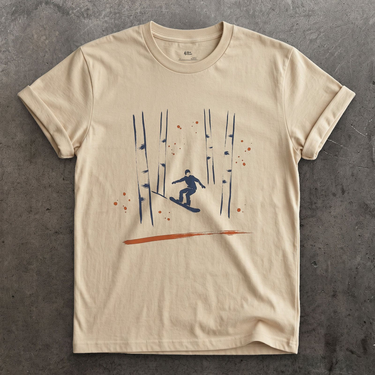 Birch Forest Snowboard design on a Sand Gildan Softstyle t-shirt