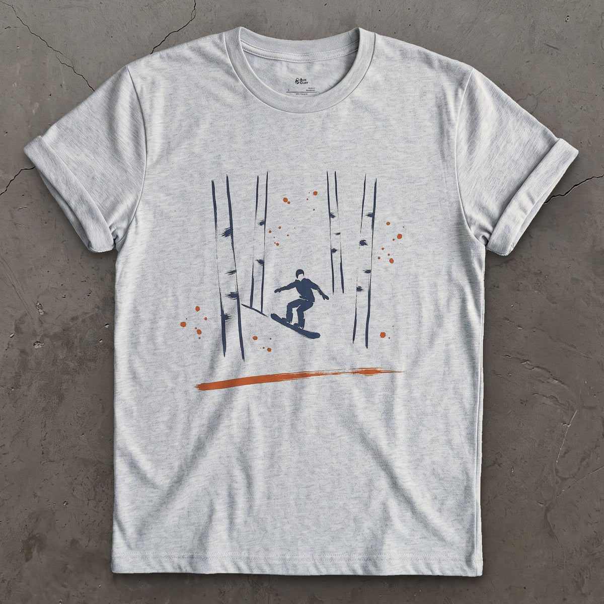 Birch Forest Snowboard design on a Sport Grey Gildan Softstyle t-shirt