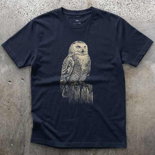Every Fleck of Its Pale Plumage, Snowy Owl on a Stump design on a Navy Gildan Softstyle t-shirt