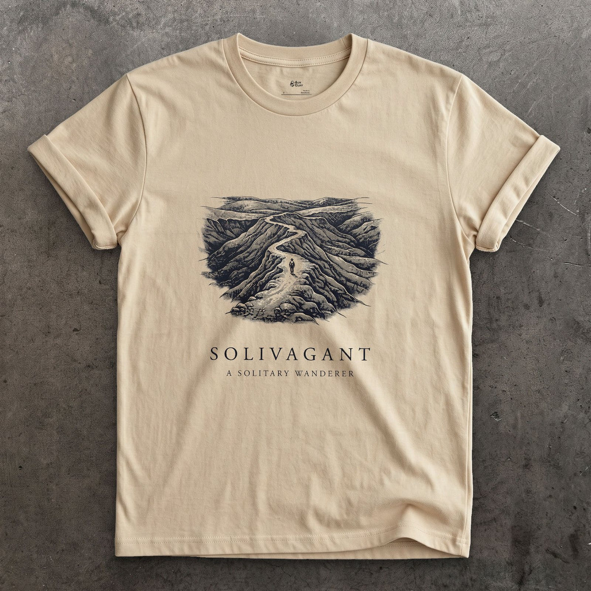 Solivagant, a Solitary Wanderer design on a Sand Gildan Softstyle t-shirt