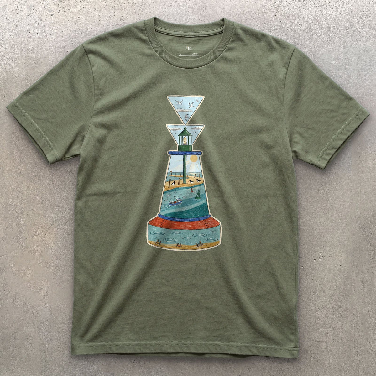 South Cardinal, Warm Estuary design on a Military Green Gildan Softstyle t-shirt