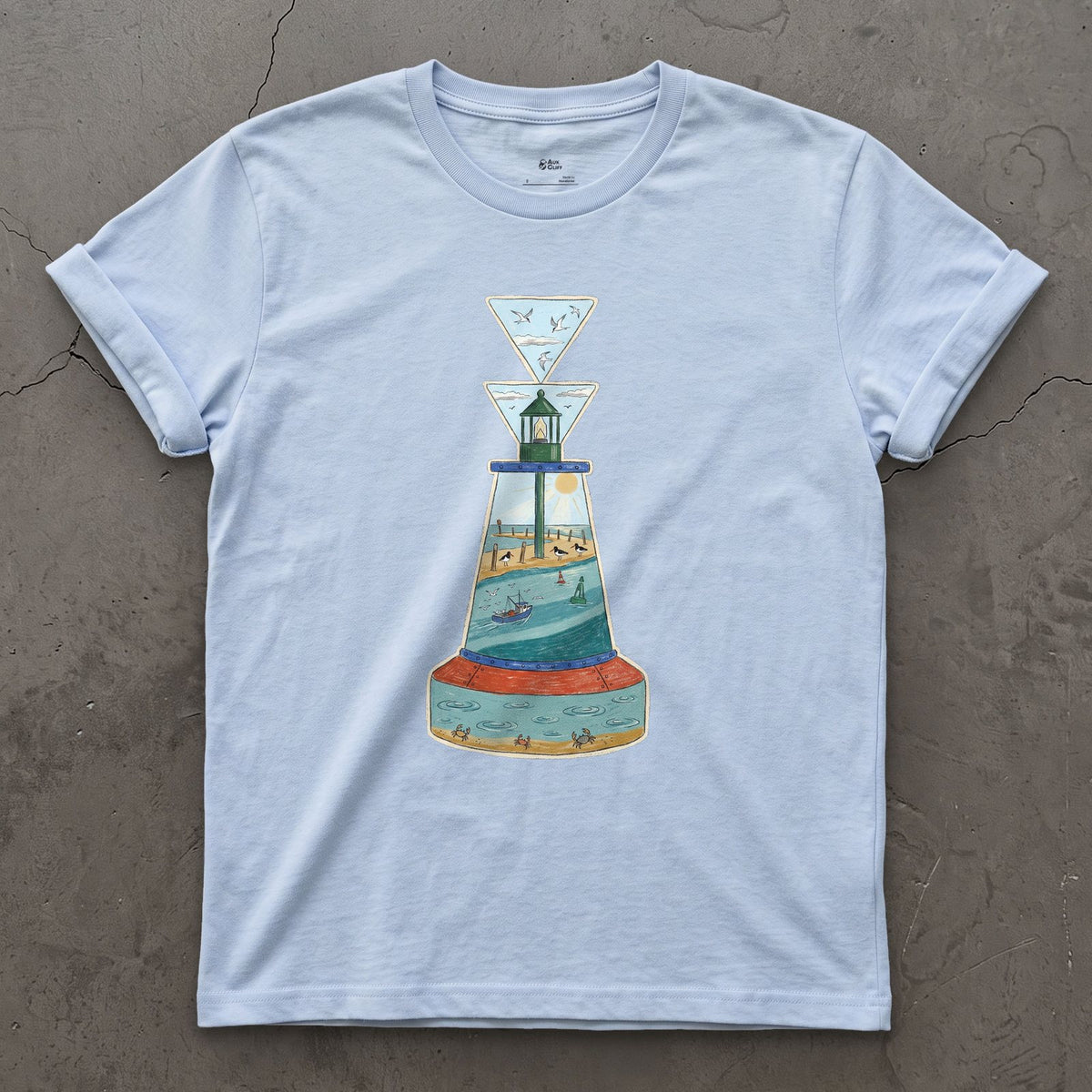 South Cardinal, Warm Estuary design on a Light Blue Gildan Softstyle t-shirt