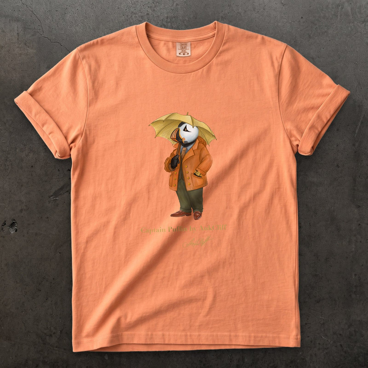 Captain Puffin The Spring Wanderer on a Terracotta Comfort Colors t-shirt