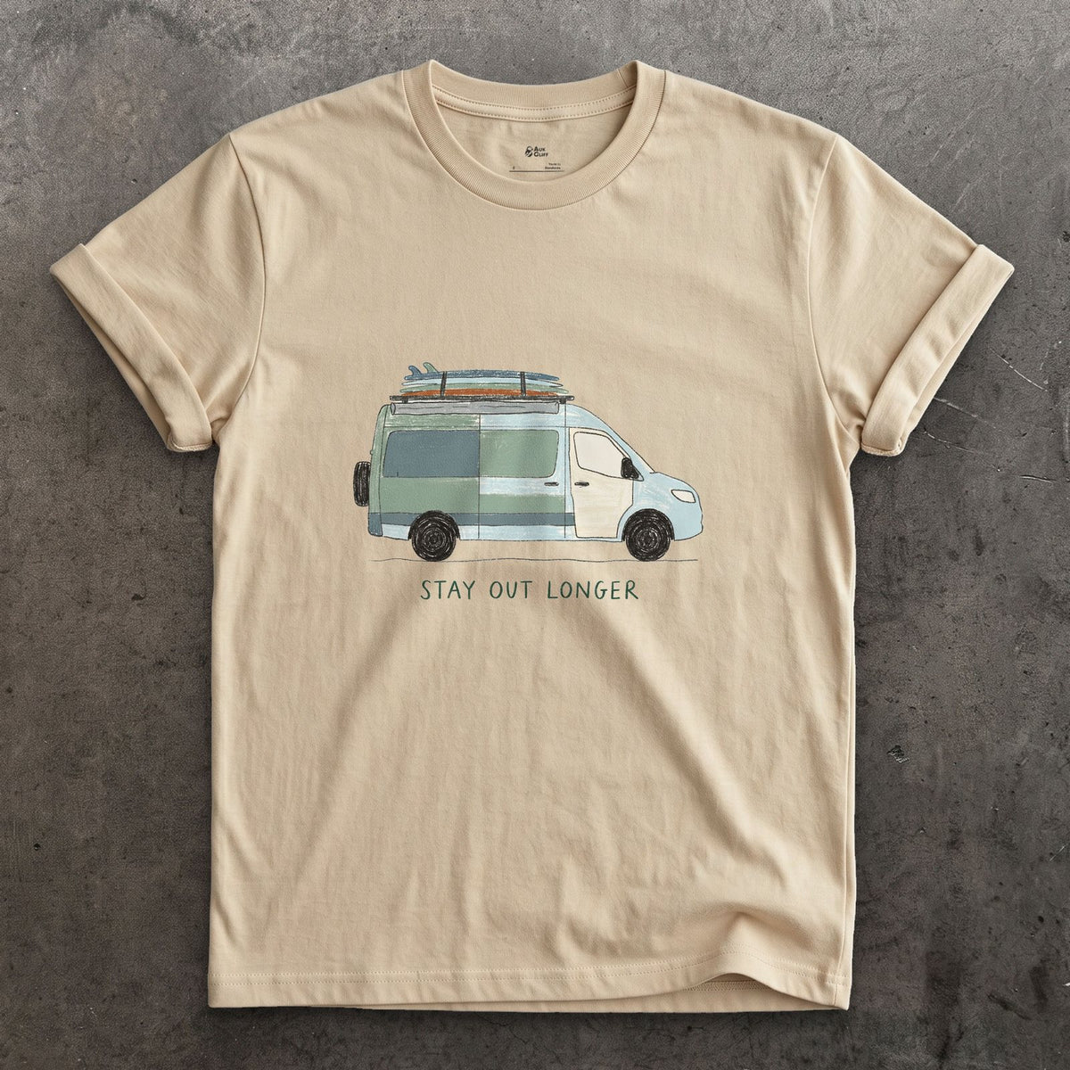 Stay Out Longer, Hi Roof and a Surfboard design on a Sand Gildan Softstyle t-shirt