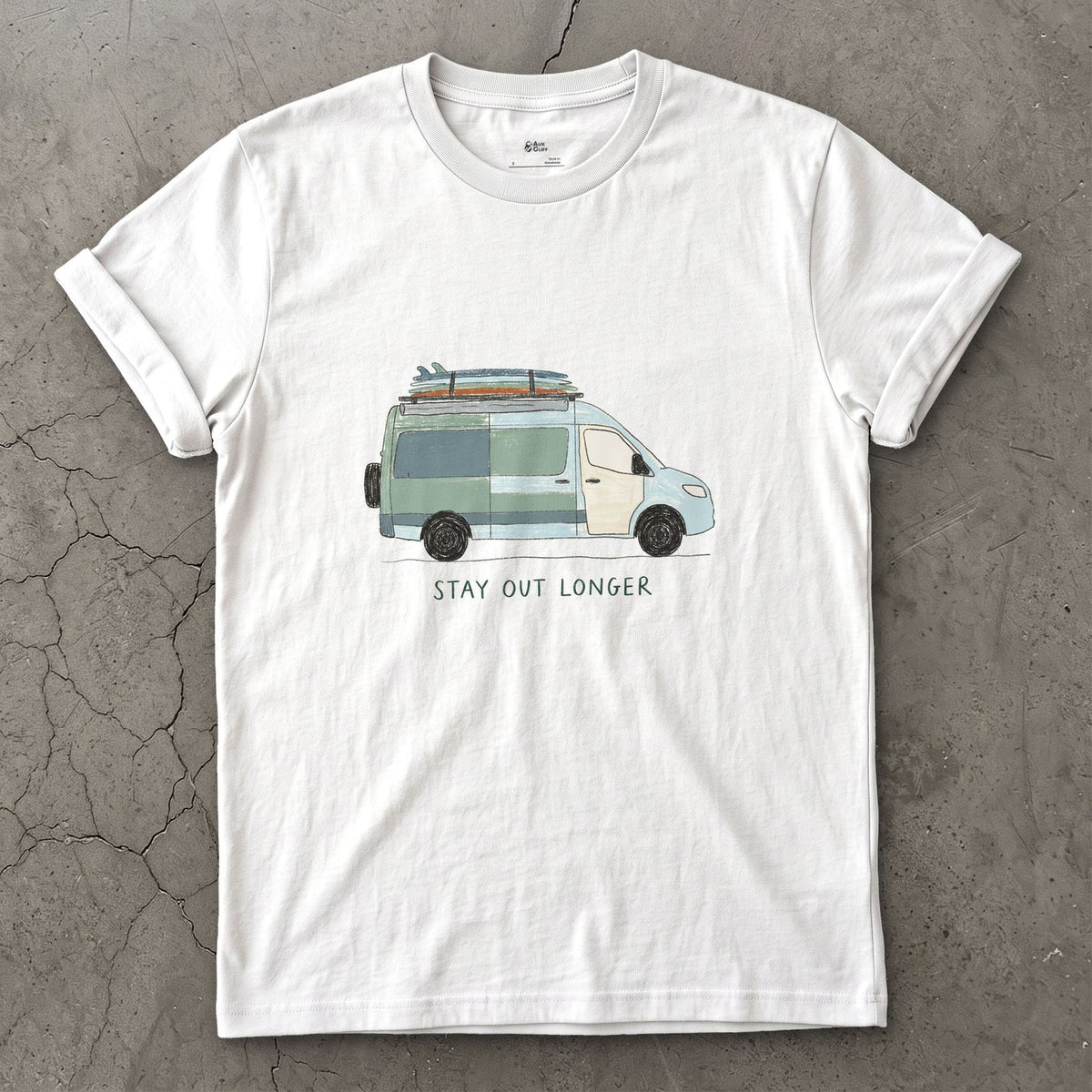 Stay Out Longer, Hi Roof and a Surfboard design on a White Gildan Softstyle t-shirt