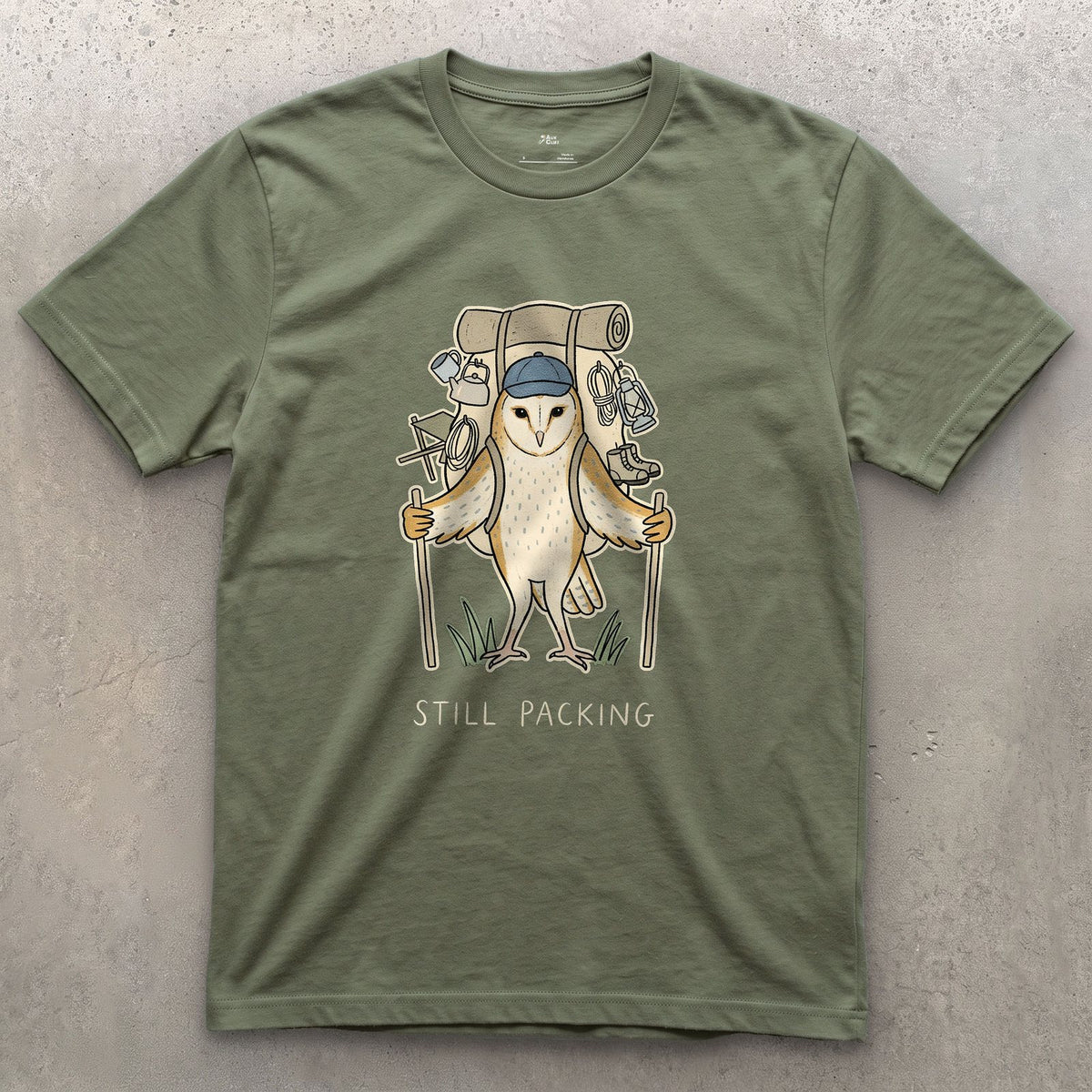 Not Packed Yet, Barn Owl Hiker design on a Military Green Gildan Softstyle t-shirt
