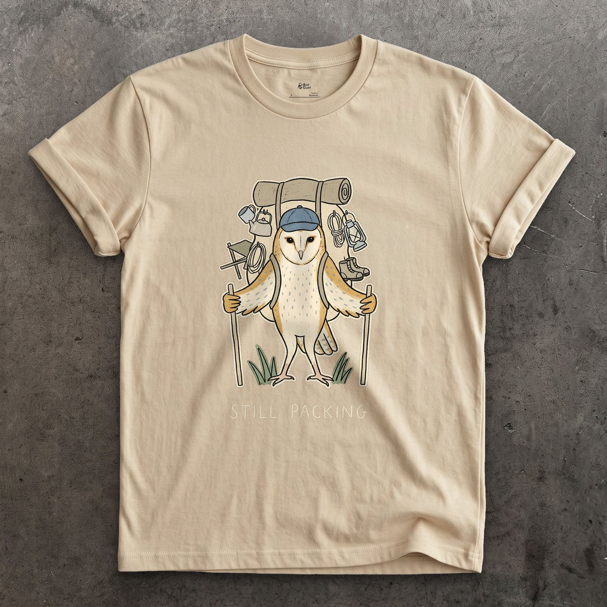 Not Packed Yet, Barn Owl Hiker design on a Sand Gildan Softstyle t-shirt