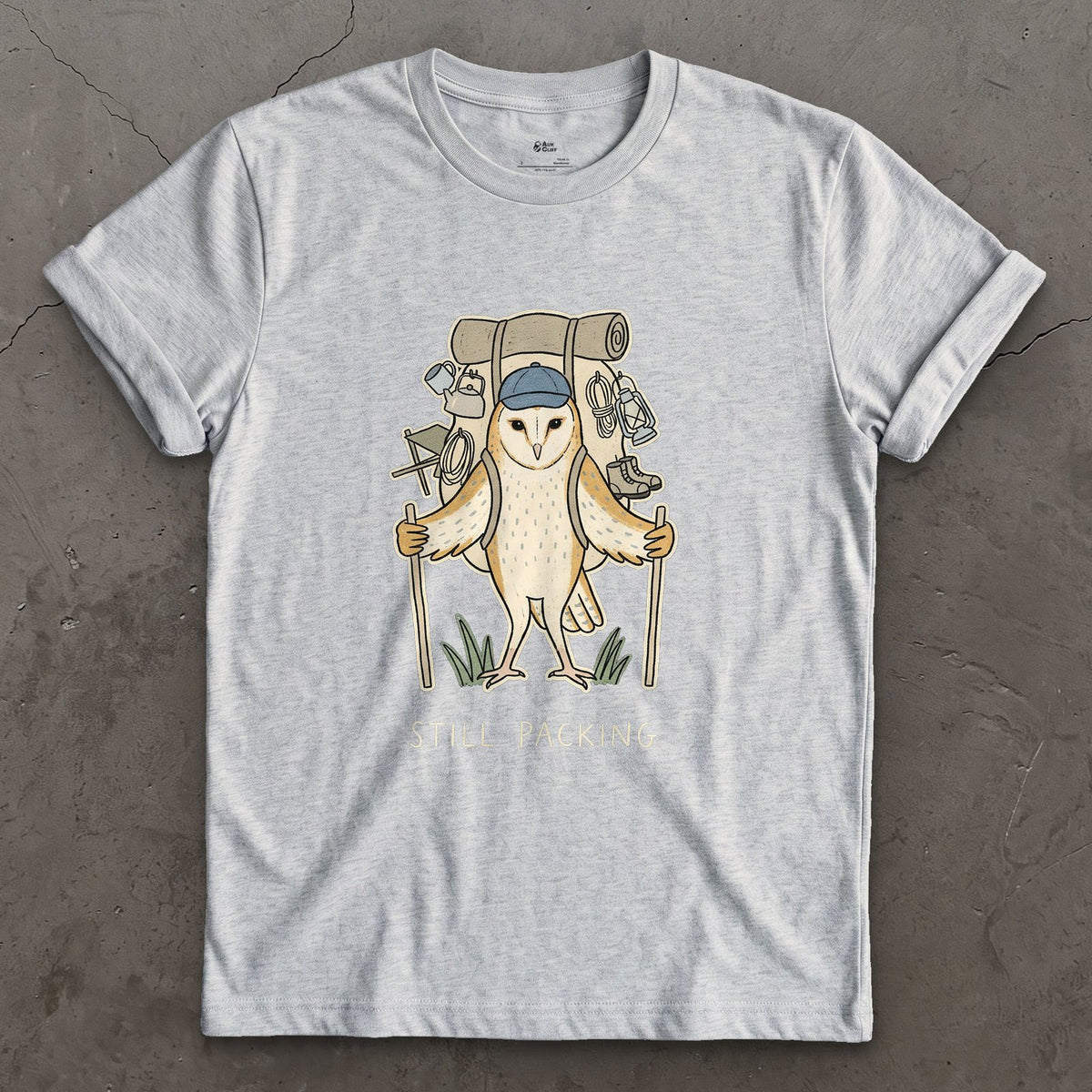 Not Packed Yet, Barn Owl Hiker design on a Sport Grey Gildan Softstyle t-shirt