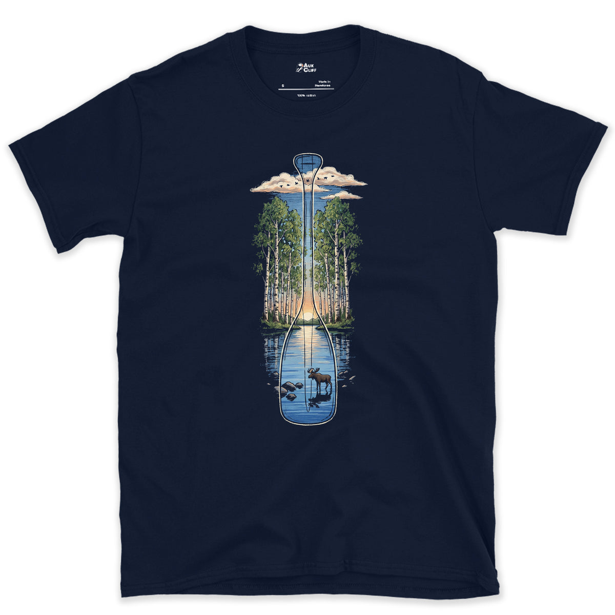 Still River at Dawn, Canoe Paddle design on a Navy Gildan Softstyle t-shirt