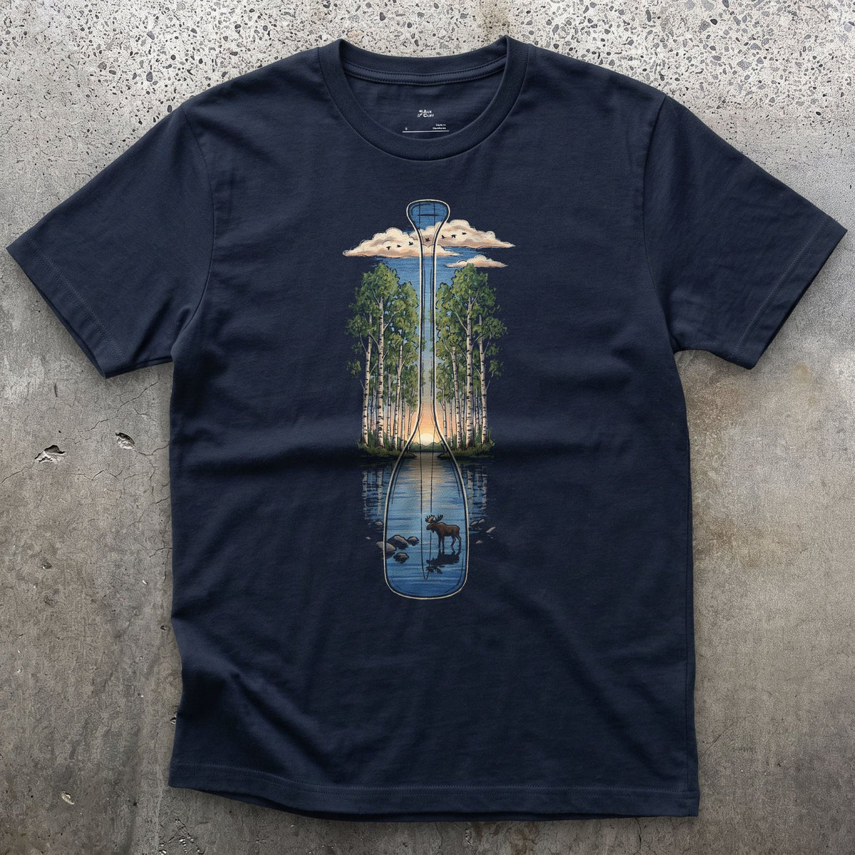 Still River at Dawn, Canoe Paddle design on a Navy Gildan Softstyle t-shirt