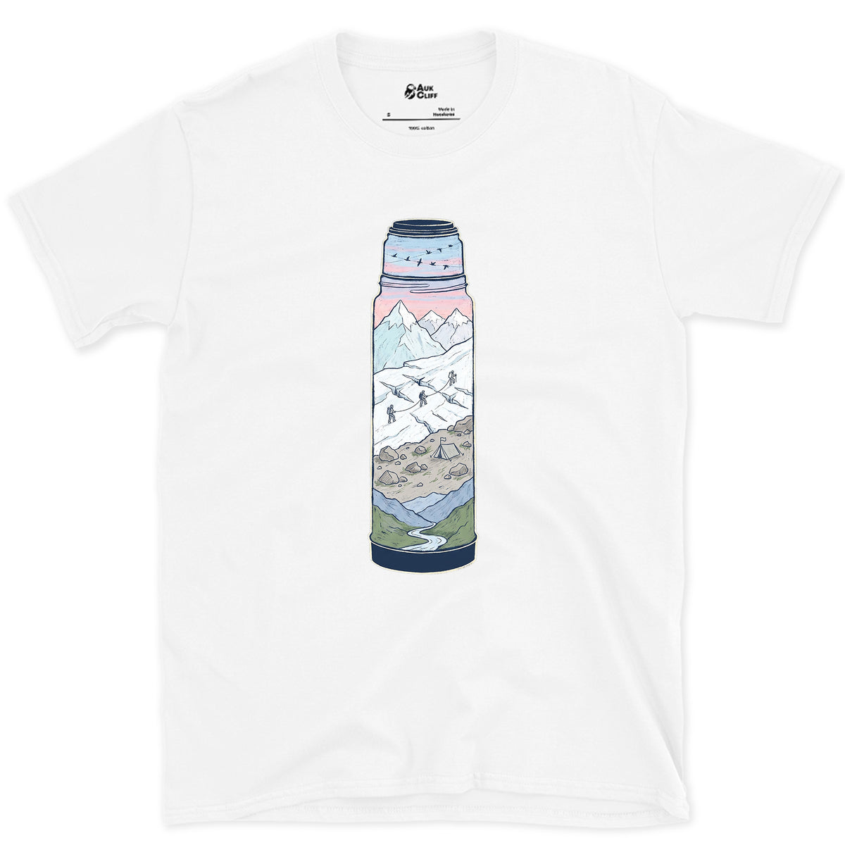 Still Warm on the Glacier, Vacuum Flask design on a White Gildan Softstyle t-shirt