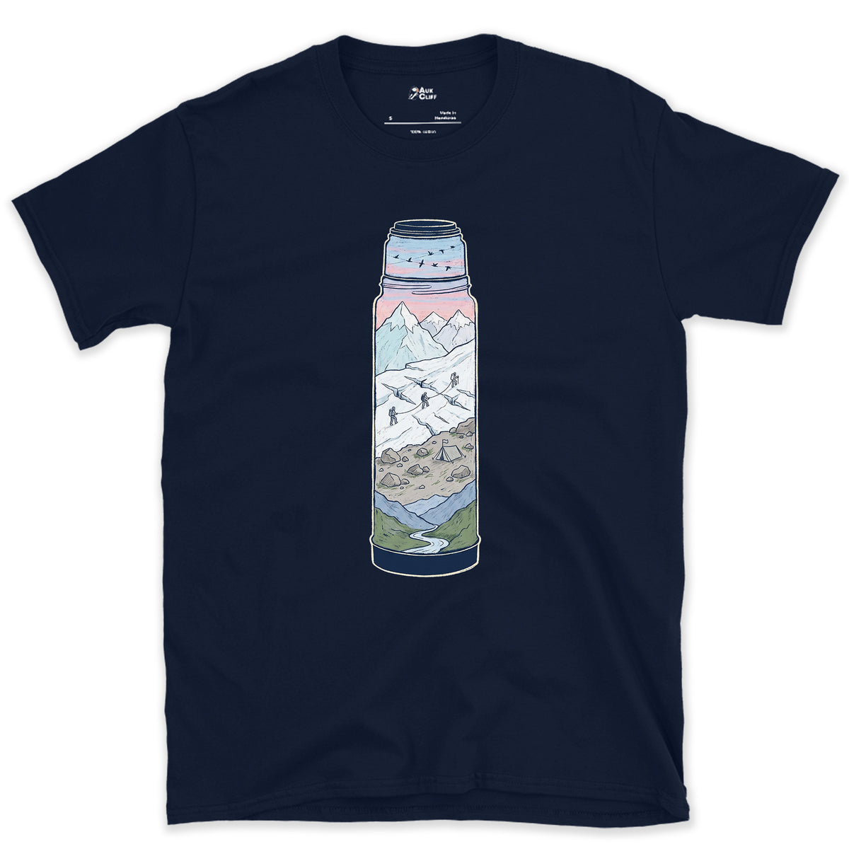 Still Warm on the Glacier, Vacuum Flask design on a Navy Gildan Softstyle t-shirt