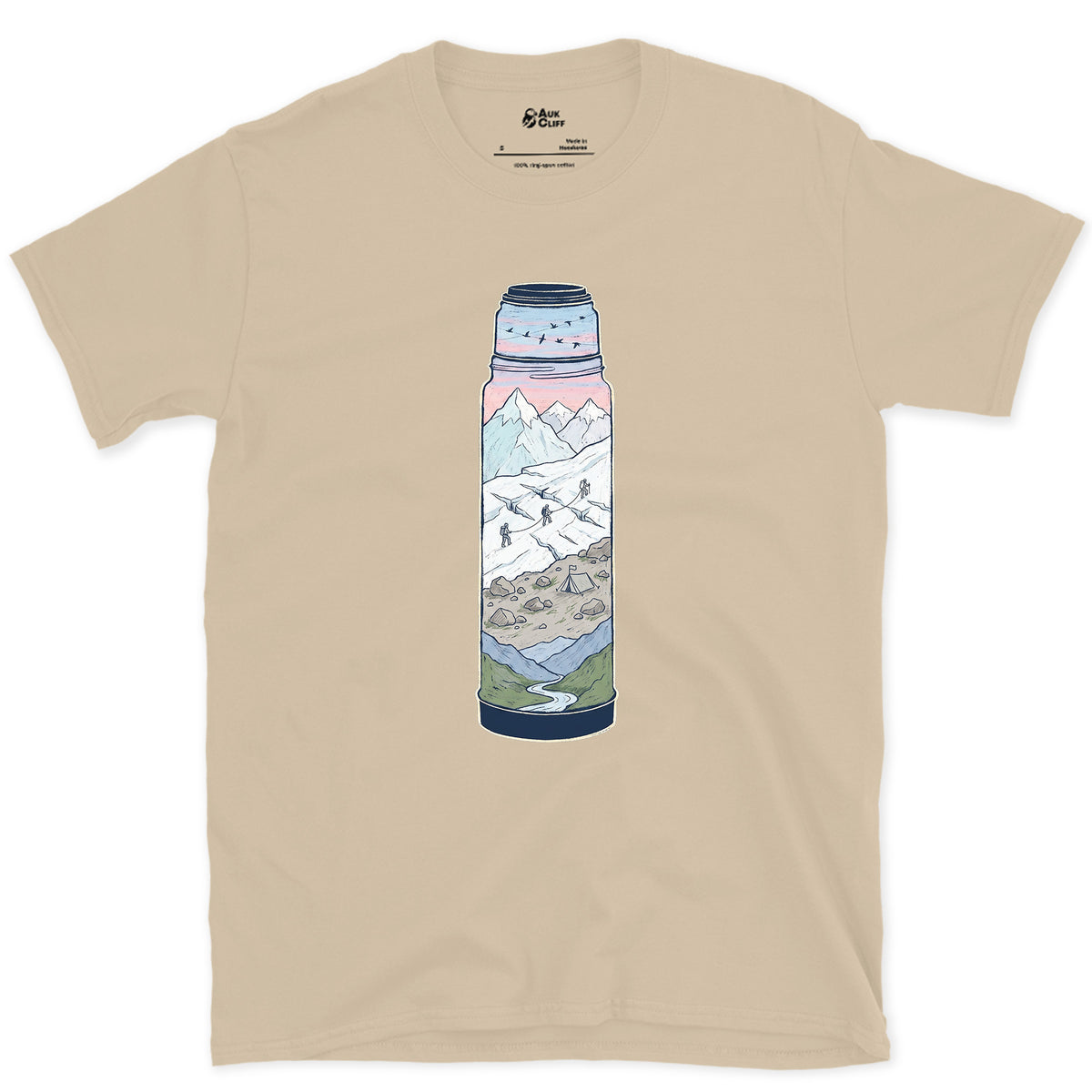 Still Warm on the Glacier, Vacuum Flask design on a Sand Gildan Softstyle t-shirt