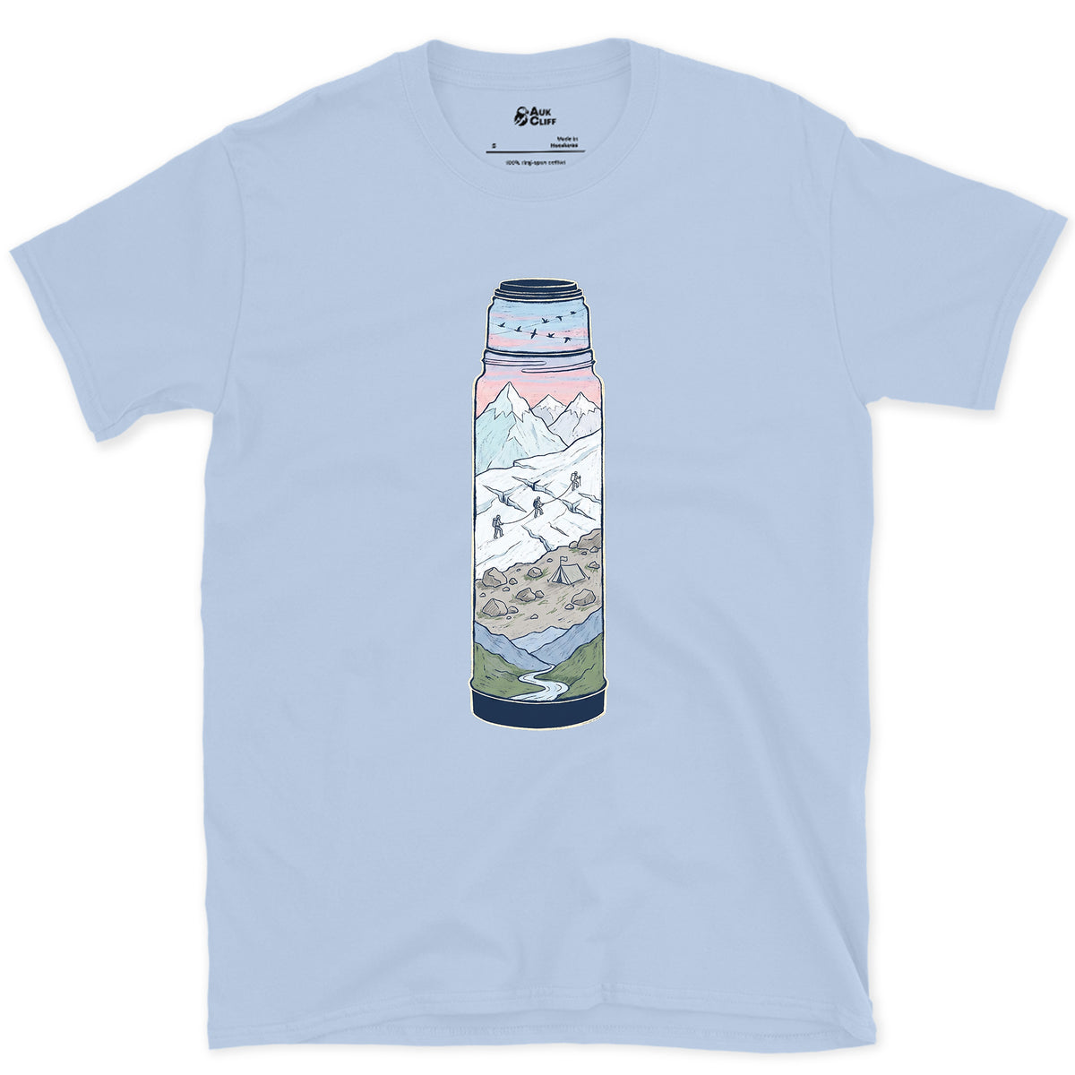 Still Warm on the Glacier, Vacuum Flask design on a Light Blue Gildan Softstyle t-shirt