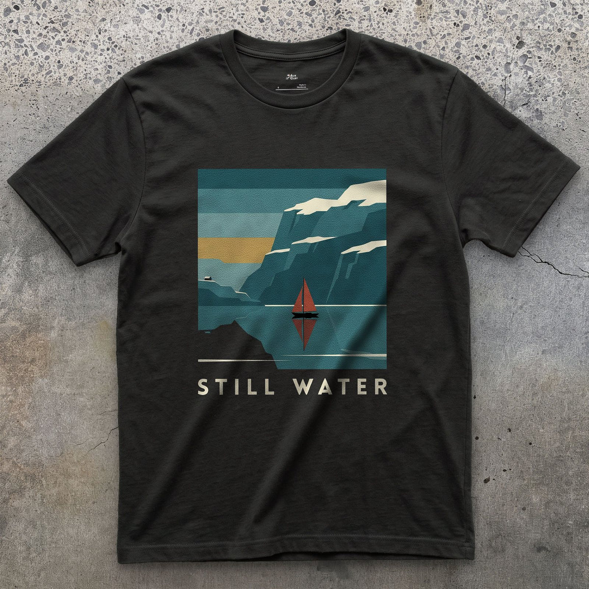 Still Water, Sailboat on the Mountain Fjord design on a Black Gildan Softstyle t-shirt