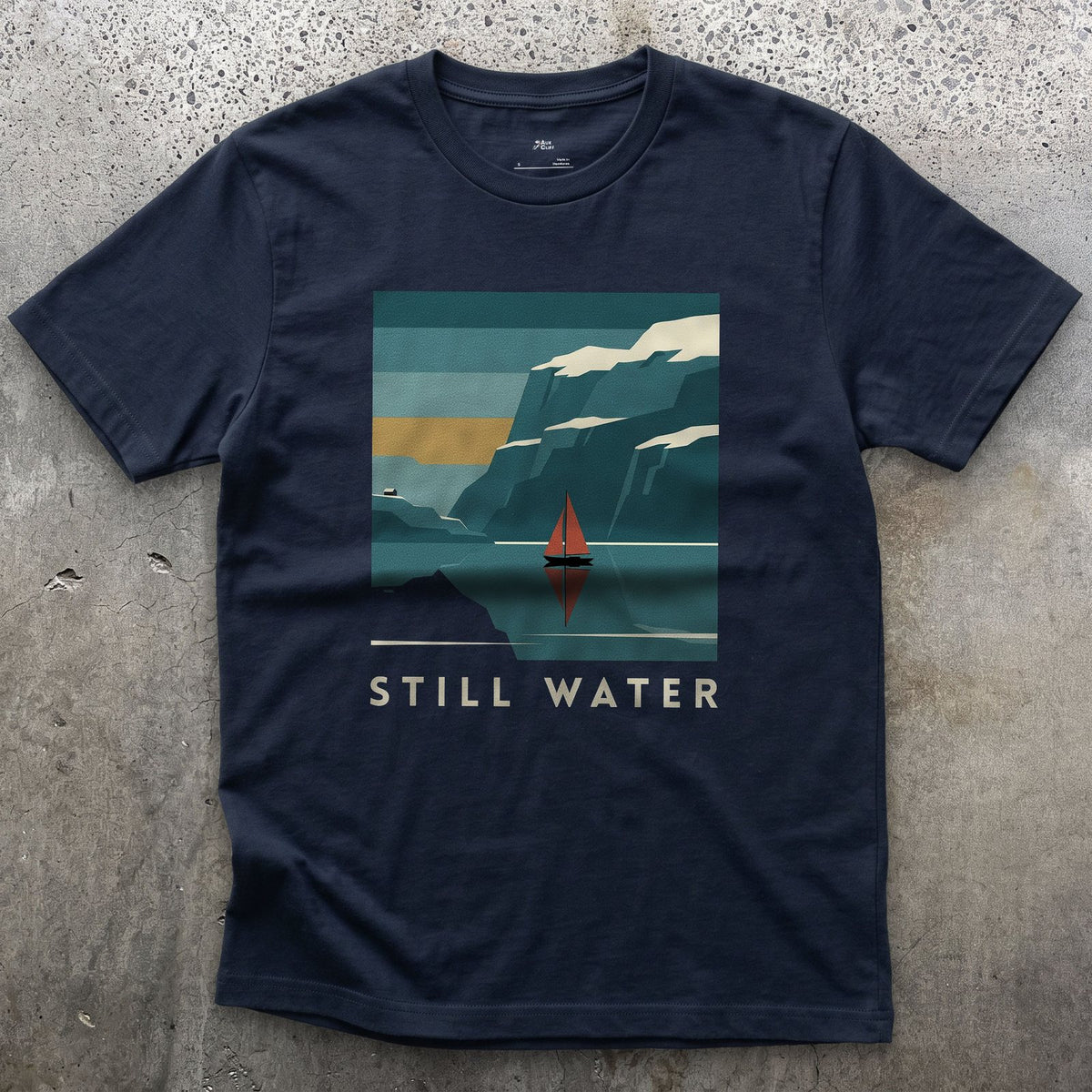 Still Water, Sailboat on the Mountain Fjord design on a Navy Gildan Softstyle t-shirt