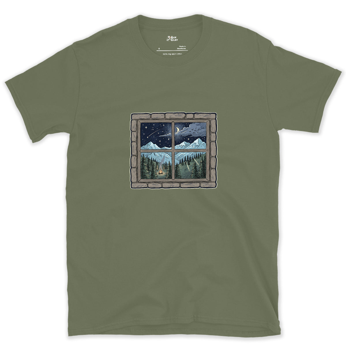 Storm Clearing, Seen From the Hut Window design on a Military Green Gildan Softstyle t-shirt