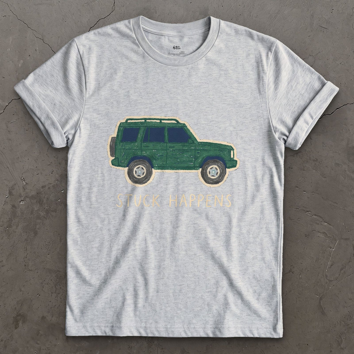 Stuck Happens, Green Wagon in Profile design on a Sport Grey Gildan Softstyle t-shirt