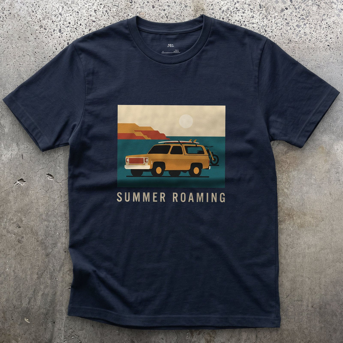 Summer Roaming, Boat Trailer Along the Coast design on a Navy Gildan Softstyle t-shirt