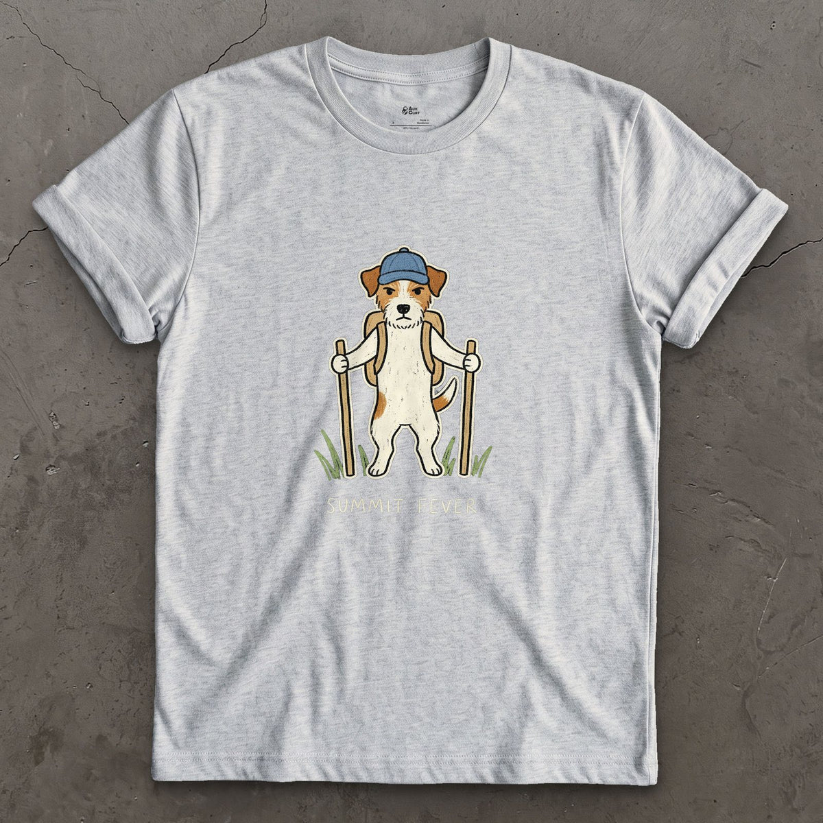 Summit Fever, Jack Russell design on a Sport Grey Gildan Softstyle t-shirt