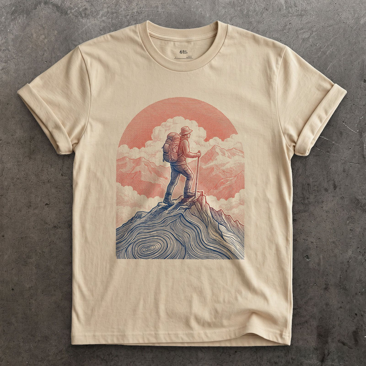 The Last Few Steps to the Summit, Sun Low Behind design on a Sand Gildan Softstyle t-shirt