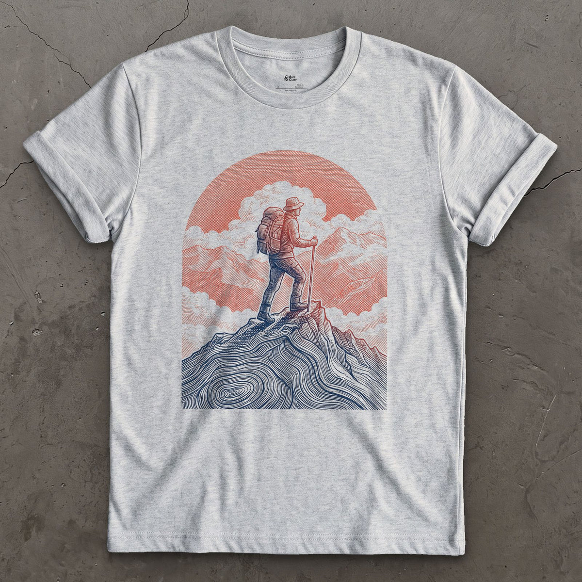 The Last Few Steps to the Summit, Sun Low Behind design on a Sport Grey Gildan Softstyle t-shirt