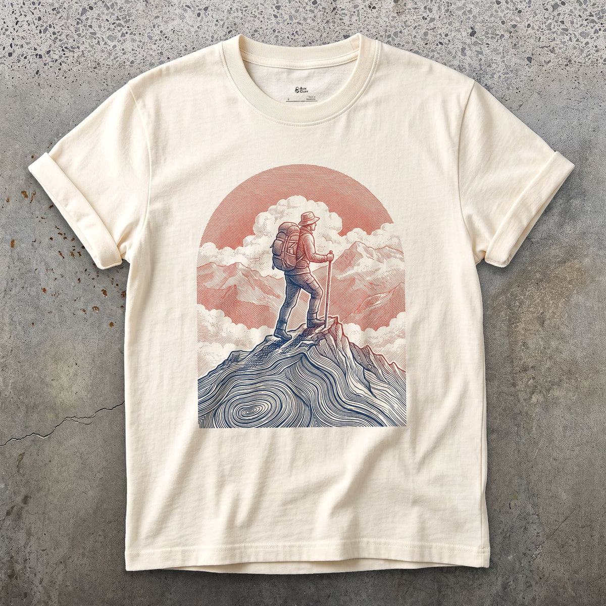 The Last Few Steps to the Summit, Sun Low Behind design on a Natural Gildan Softstyle t-shirt