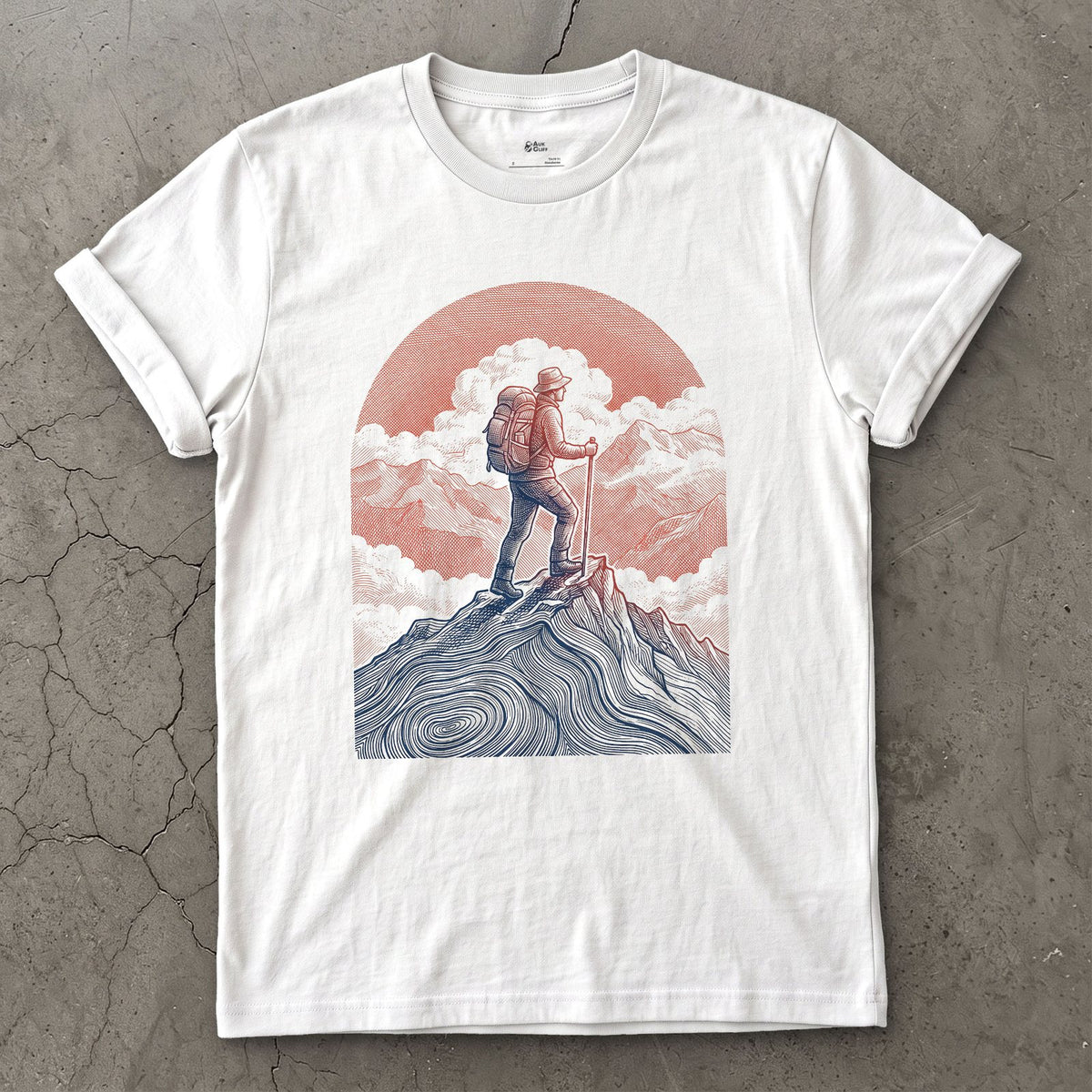 The Last Few Steps to the Summit, Sun Low Behind design on a White Gildan Softstyle t-shirt