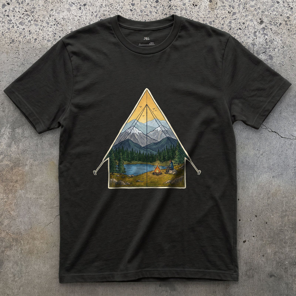 Sunrise From the Tent Door design on a Black Gildan Softstyle t-shirt