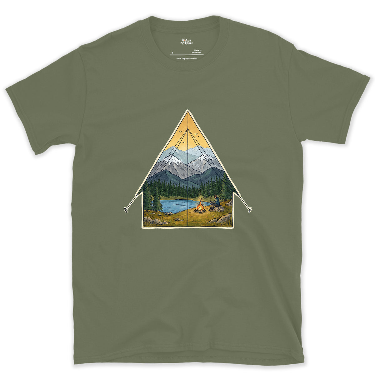 Sunrise From the Tent Door design on a Military Green Gildan Softstyle t-shirt
