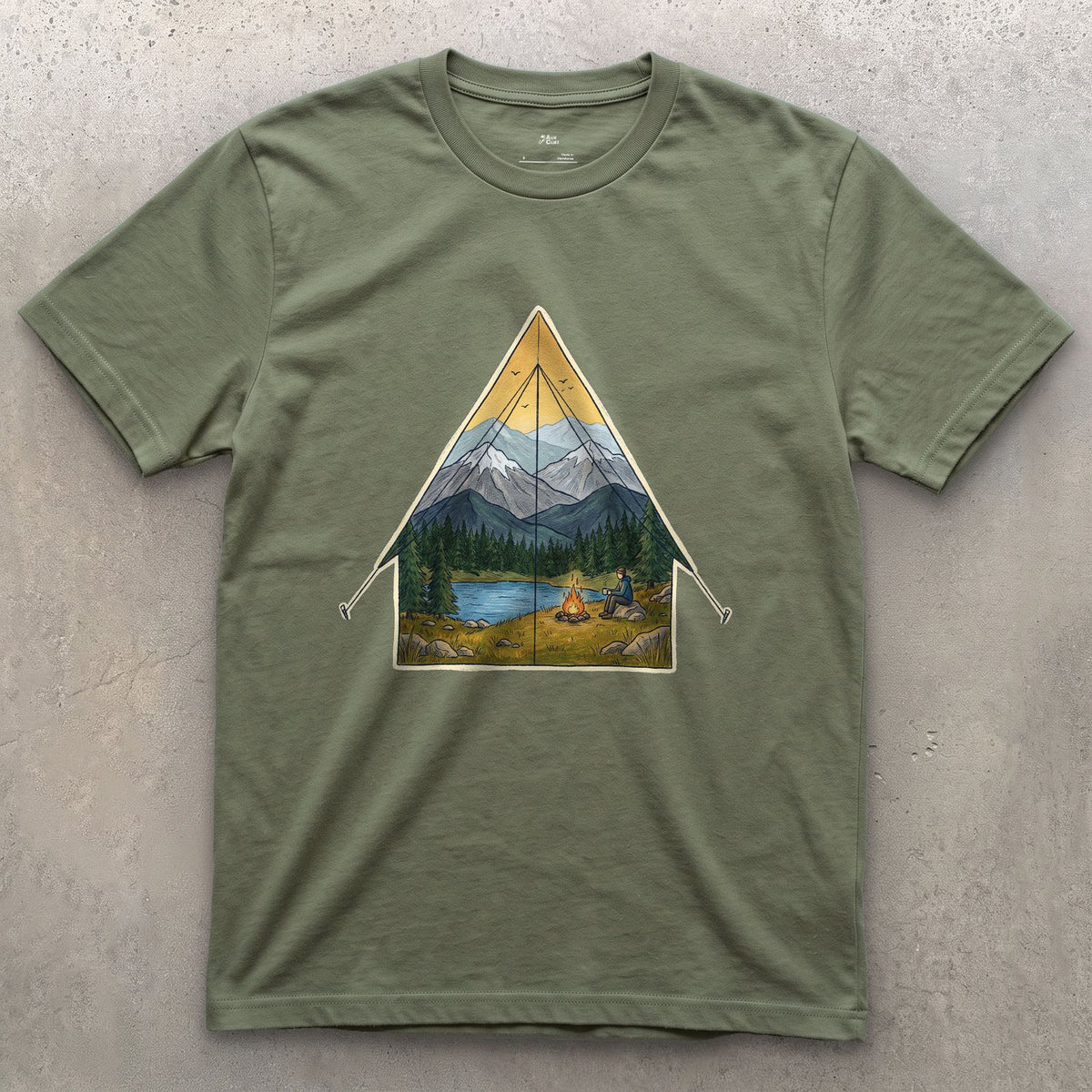 Sunrise From the Tent Door design on a Military Green Gildan Softstyle t-shirt